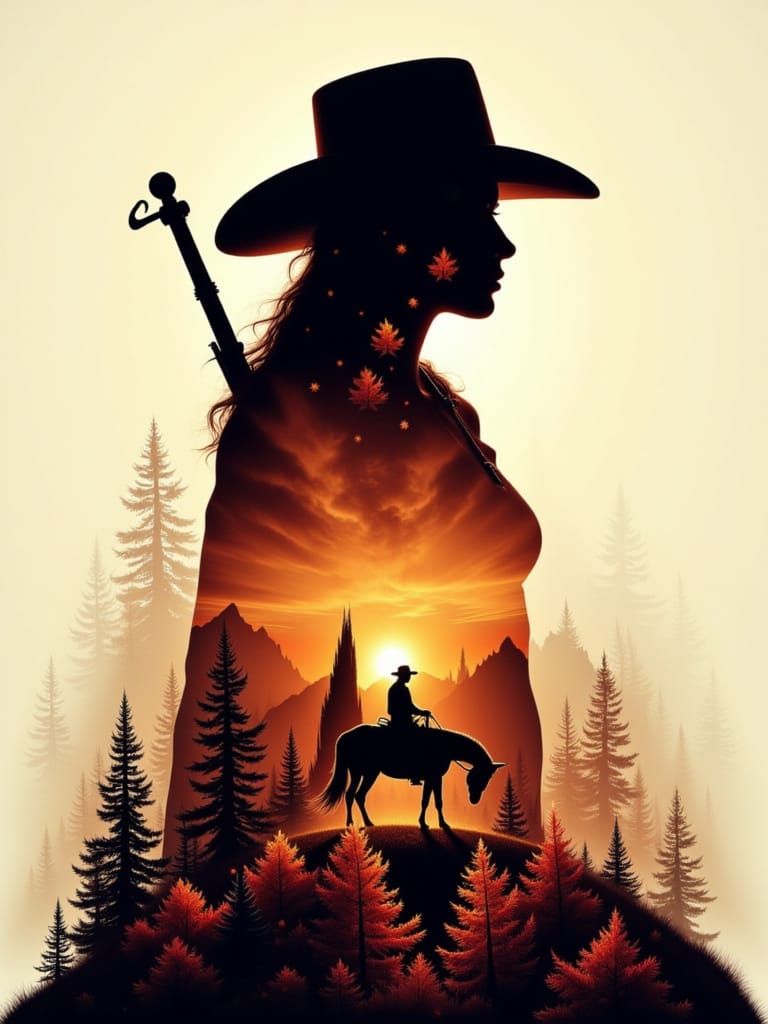 Arthur Morgan & Native Woman Double Exposure in Fall Landsca...