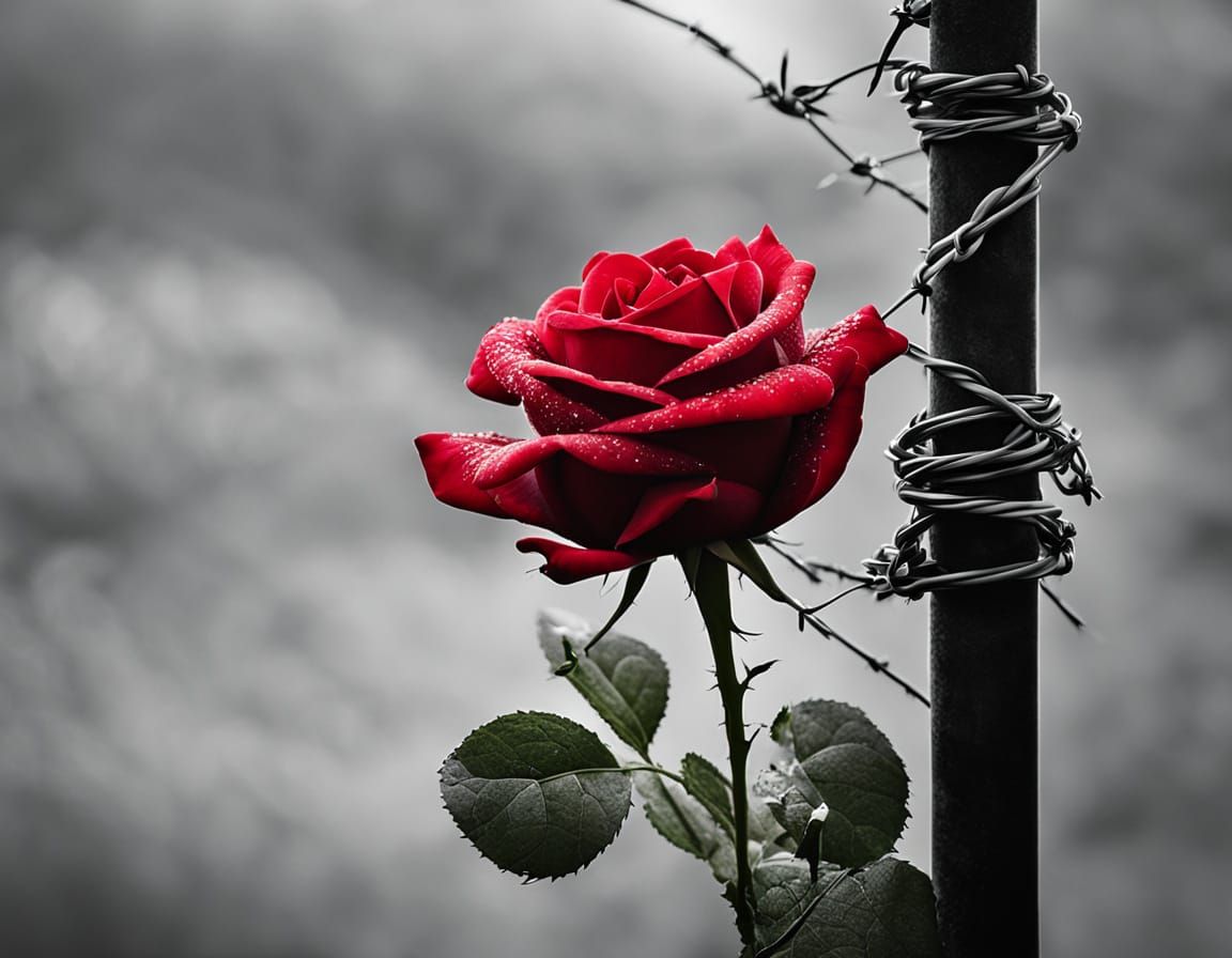 Vibrant Red Rose Entwined with Barbed Wire in Hyper-Realisti...