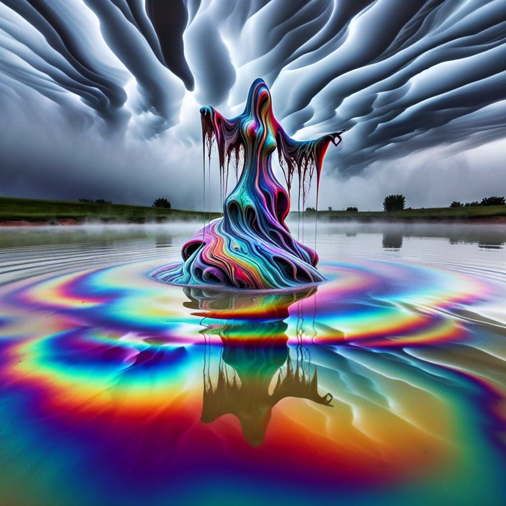 Mystical Witch Emerges from Multicolored Lake