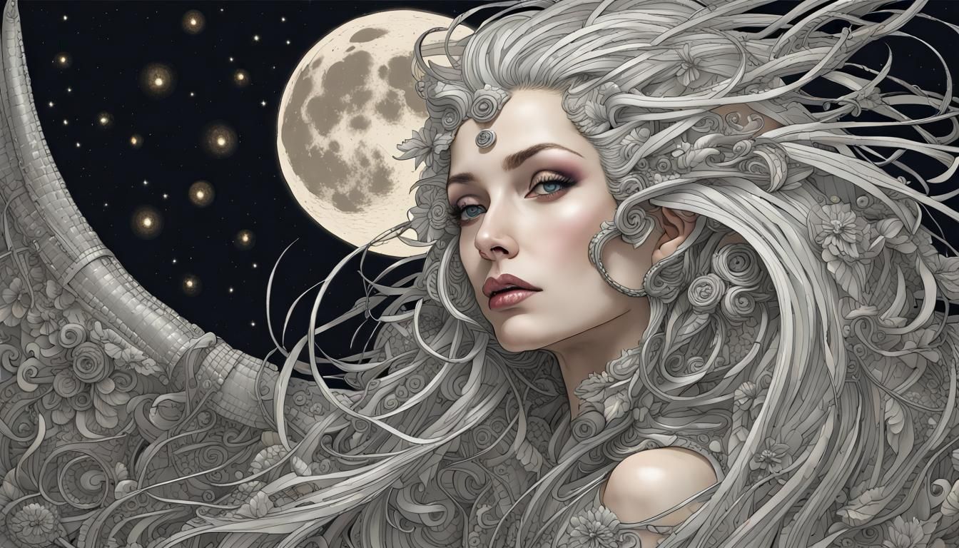 Gigantic Moon Goddess in Dark Space
