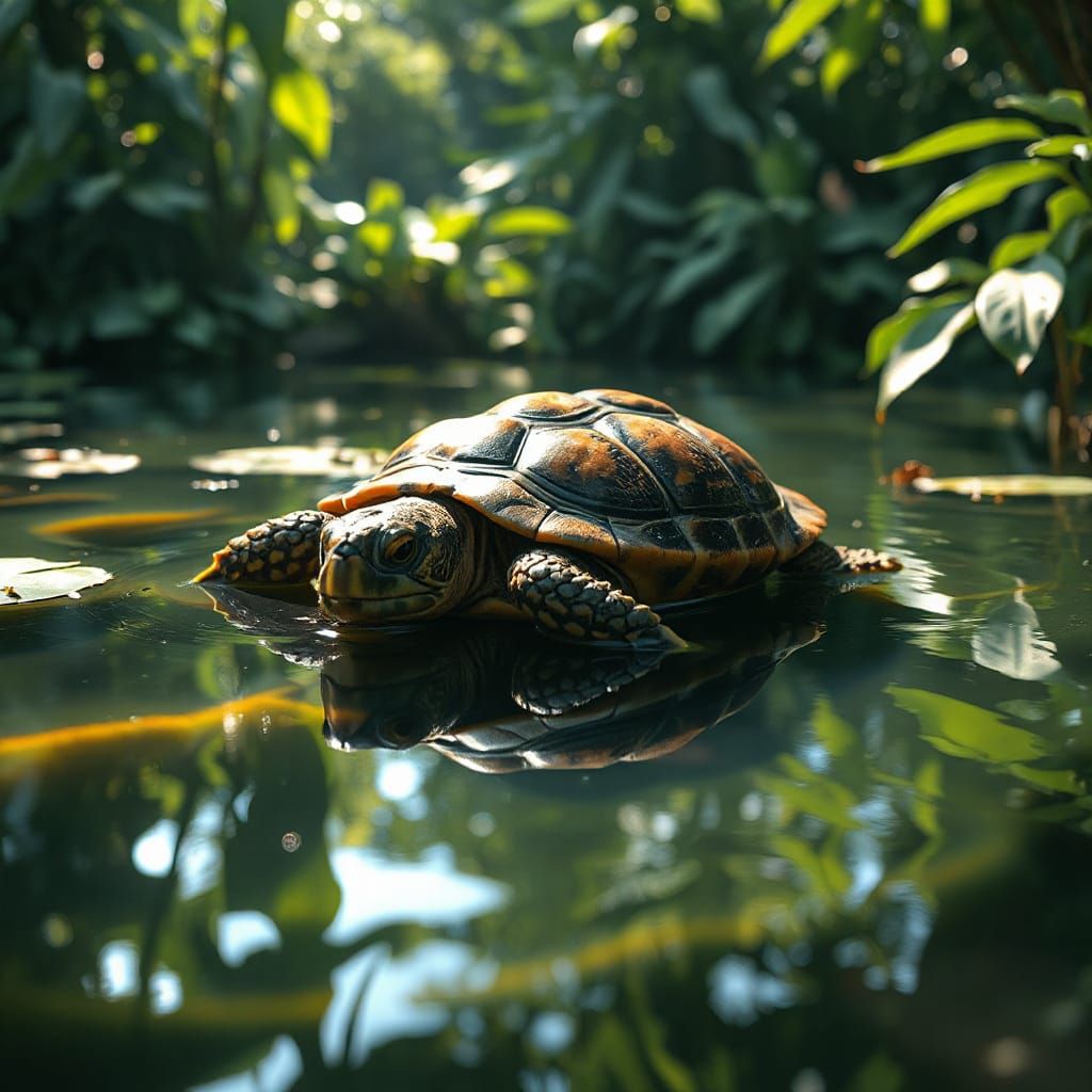 Turtle Sipping in Pond: Digital Matte Painting