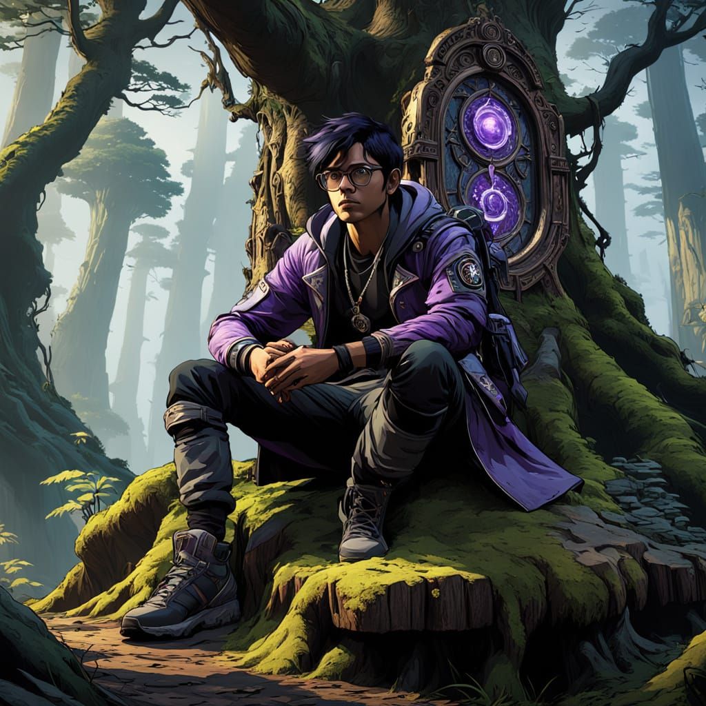 Mystical Gamer in Art Nouveau Forest