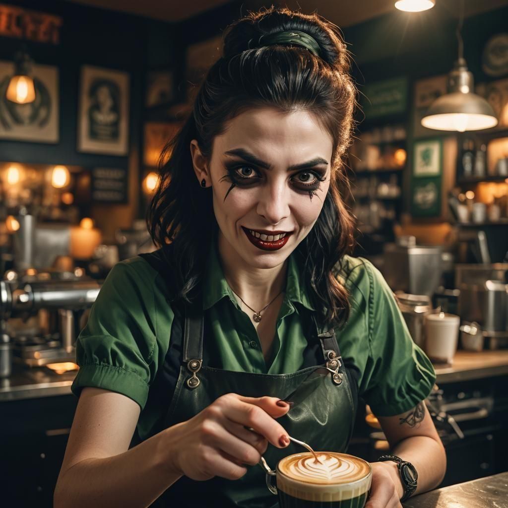 Goth Vampire Barista Serving Latte, Hyperrealistic Image