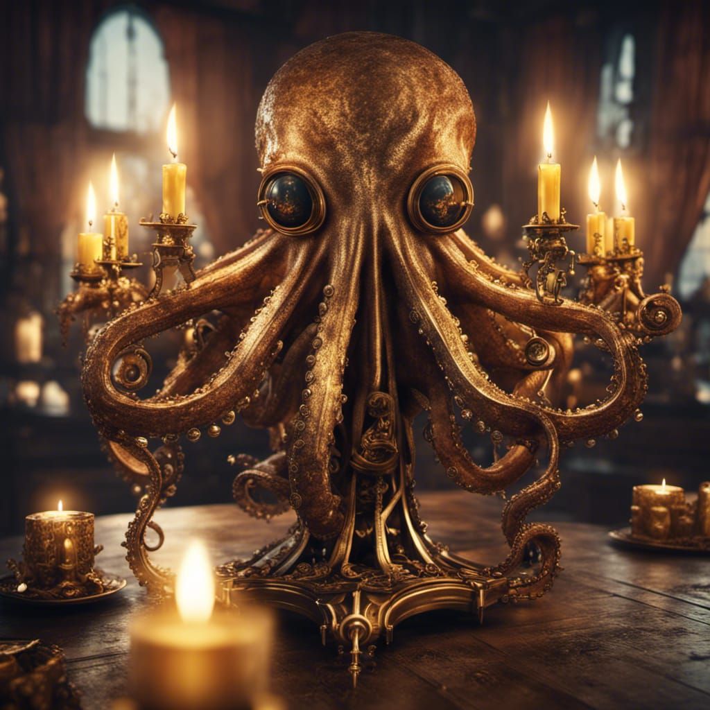 Steampunk Octopus Candelabra with Golden Candles