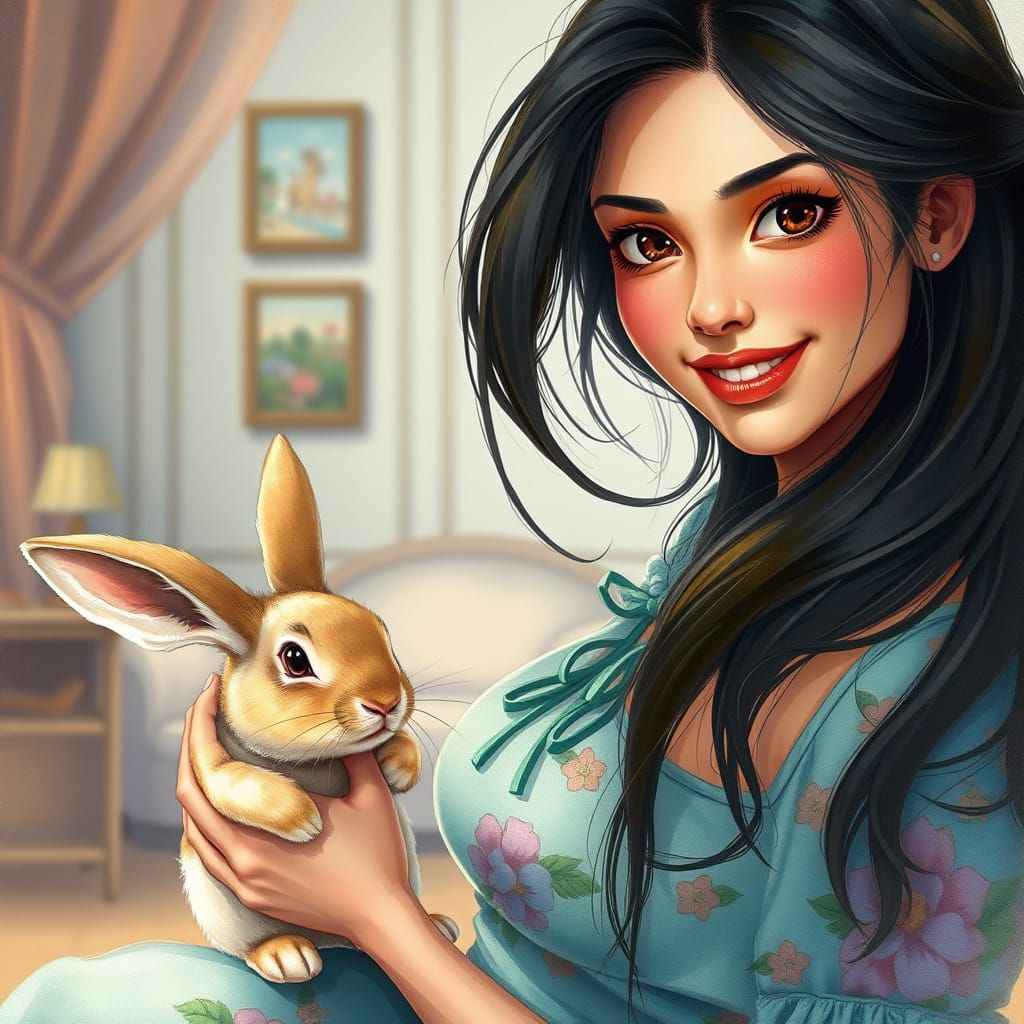 Woman and Rabbit in Watercolor Art Style