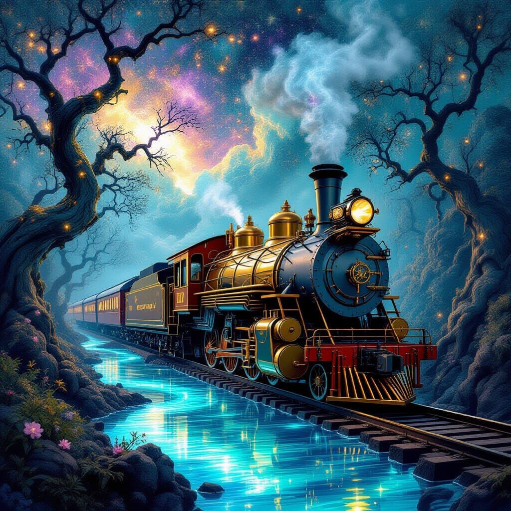 Steampunk Engine in Surreal Bioluminescent Dreamscape