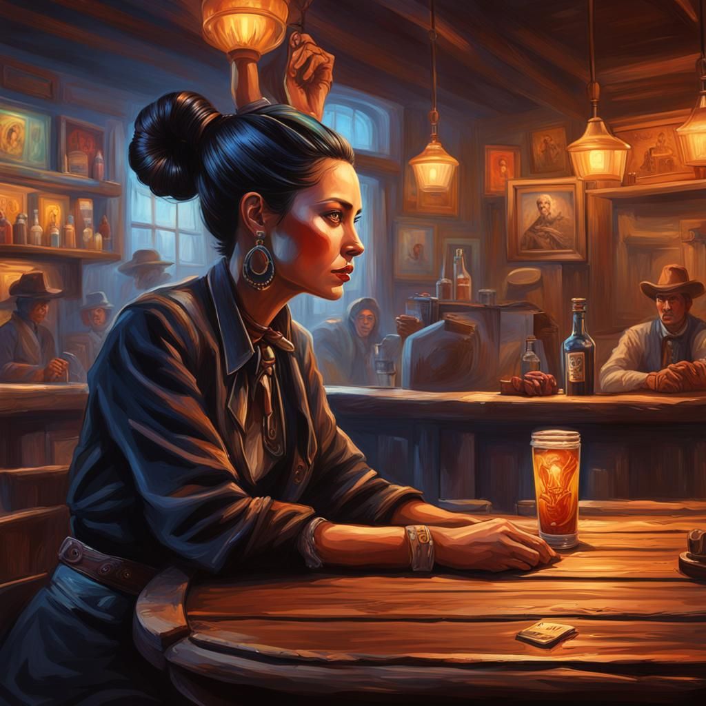 Hyperrealistic Lady in a Wild West Bar