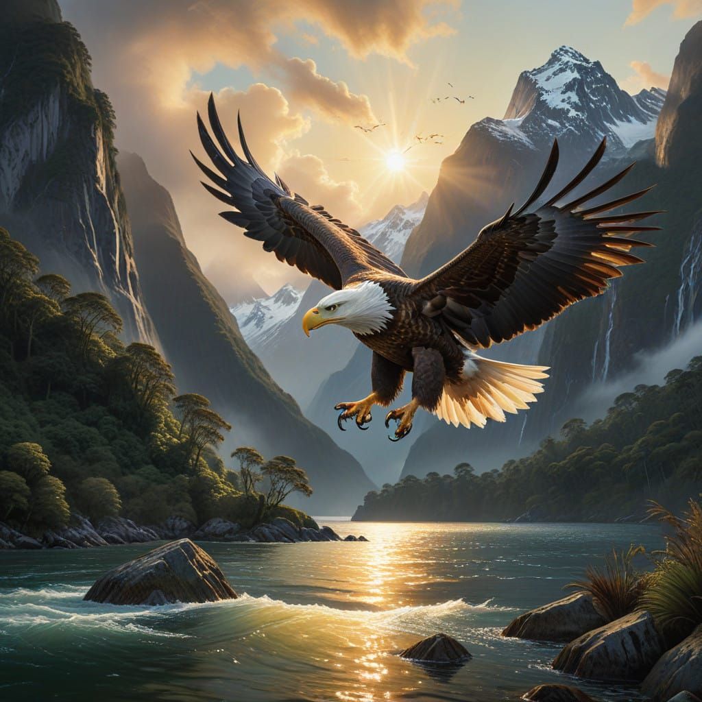 Bald Eagle Soars over Milford Sound's Natural Wonders