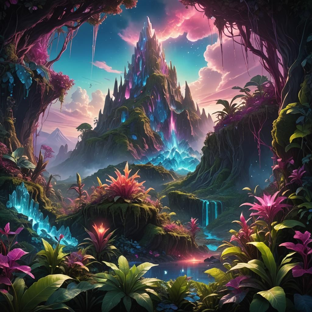Crystal Volcano in Fantasy Landscape
