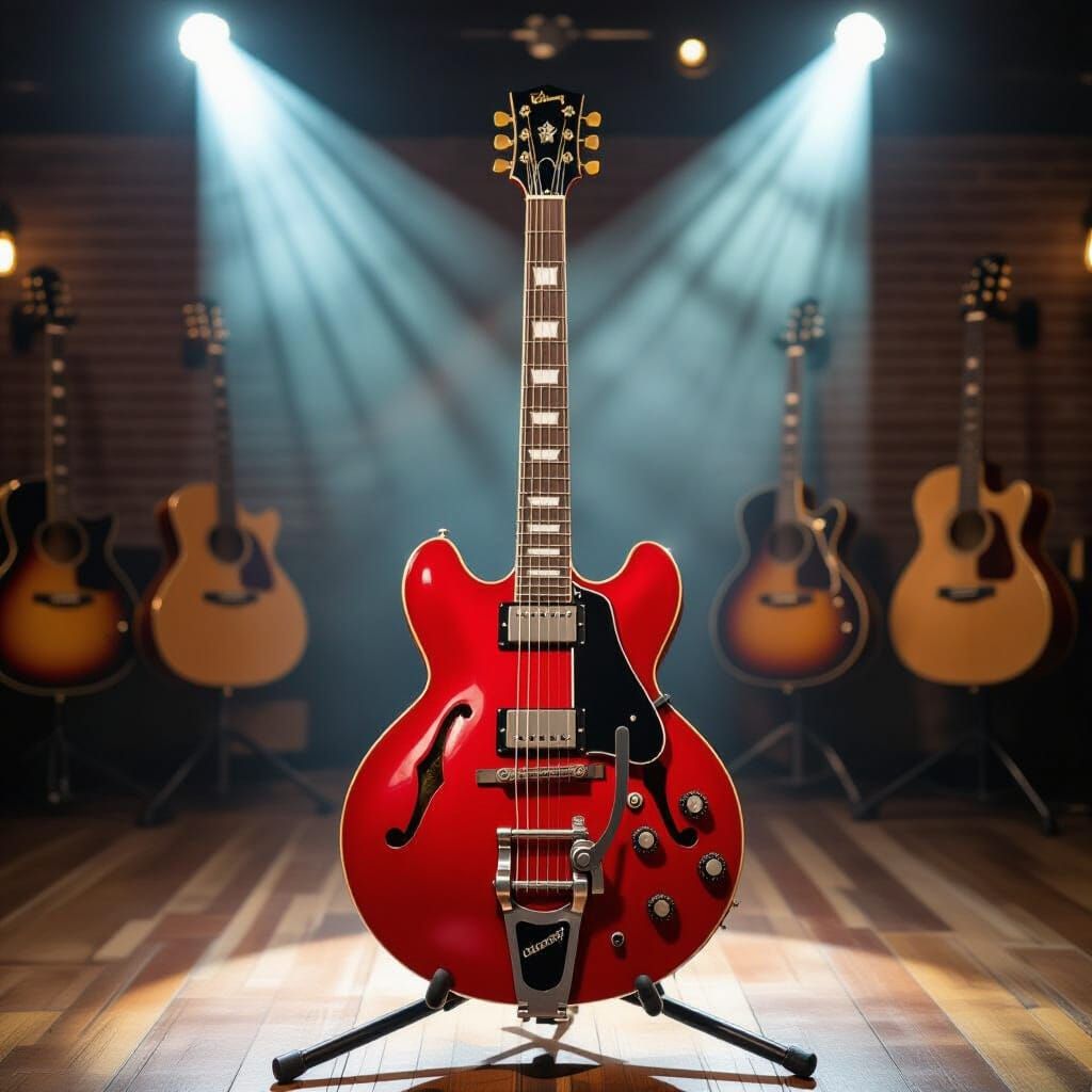 Cherry Red Gibson E335 Guitar in Spotlight