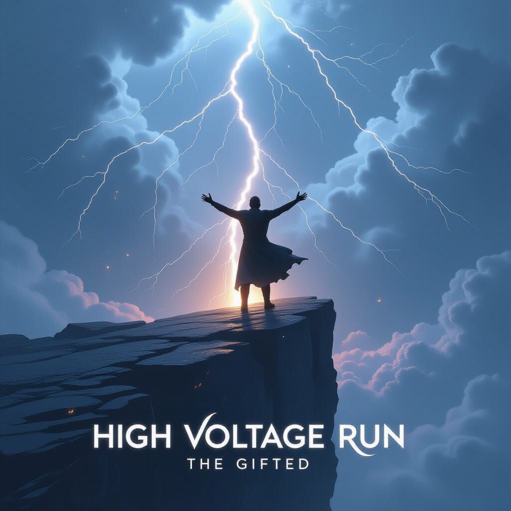 Heroic Figure on Cliff During Lightning Storm