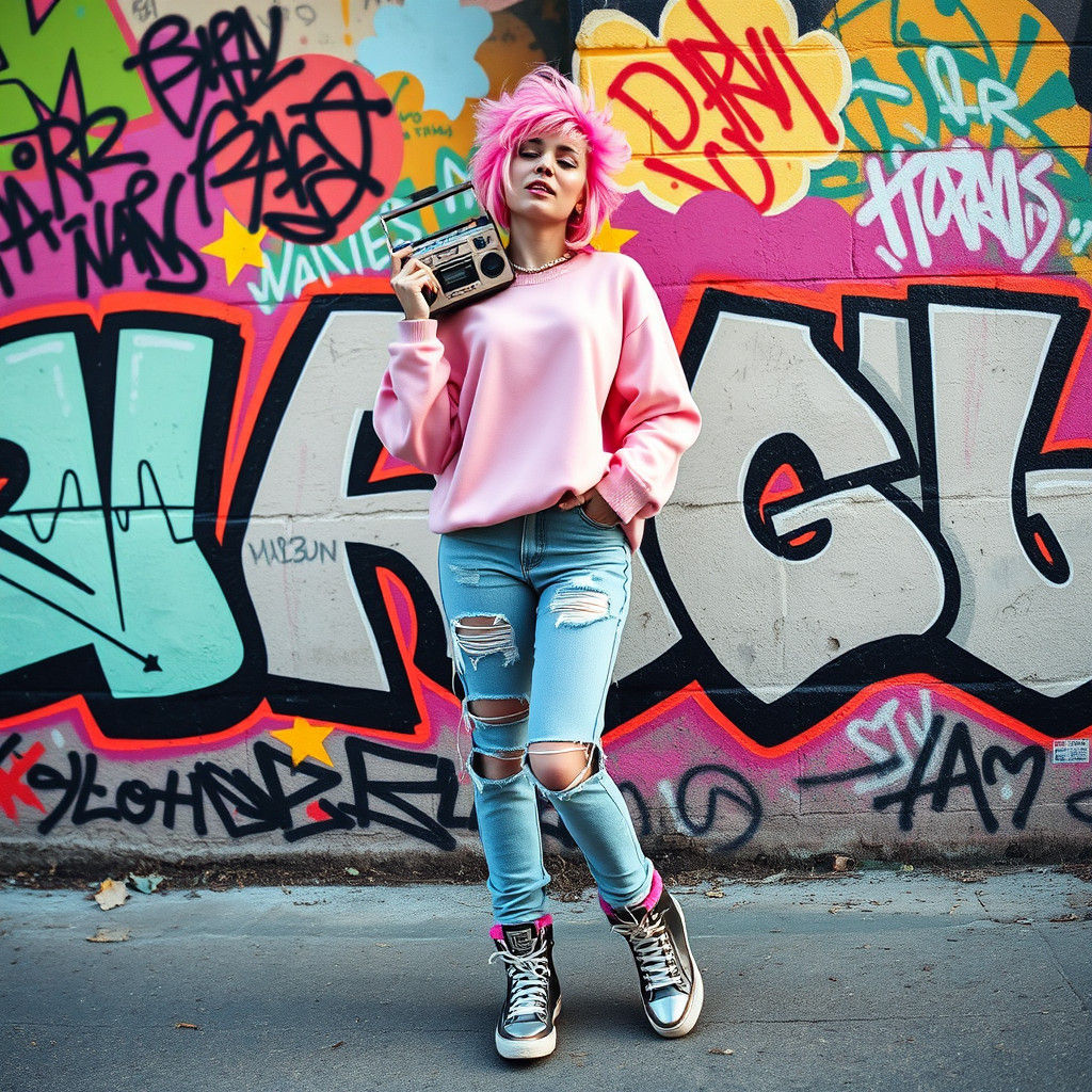 Synth Girl with Boombox in 80s Graffiti Scene