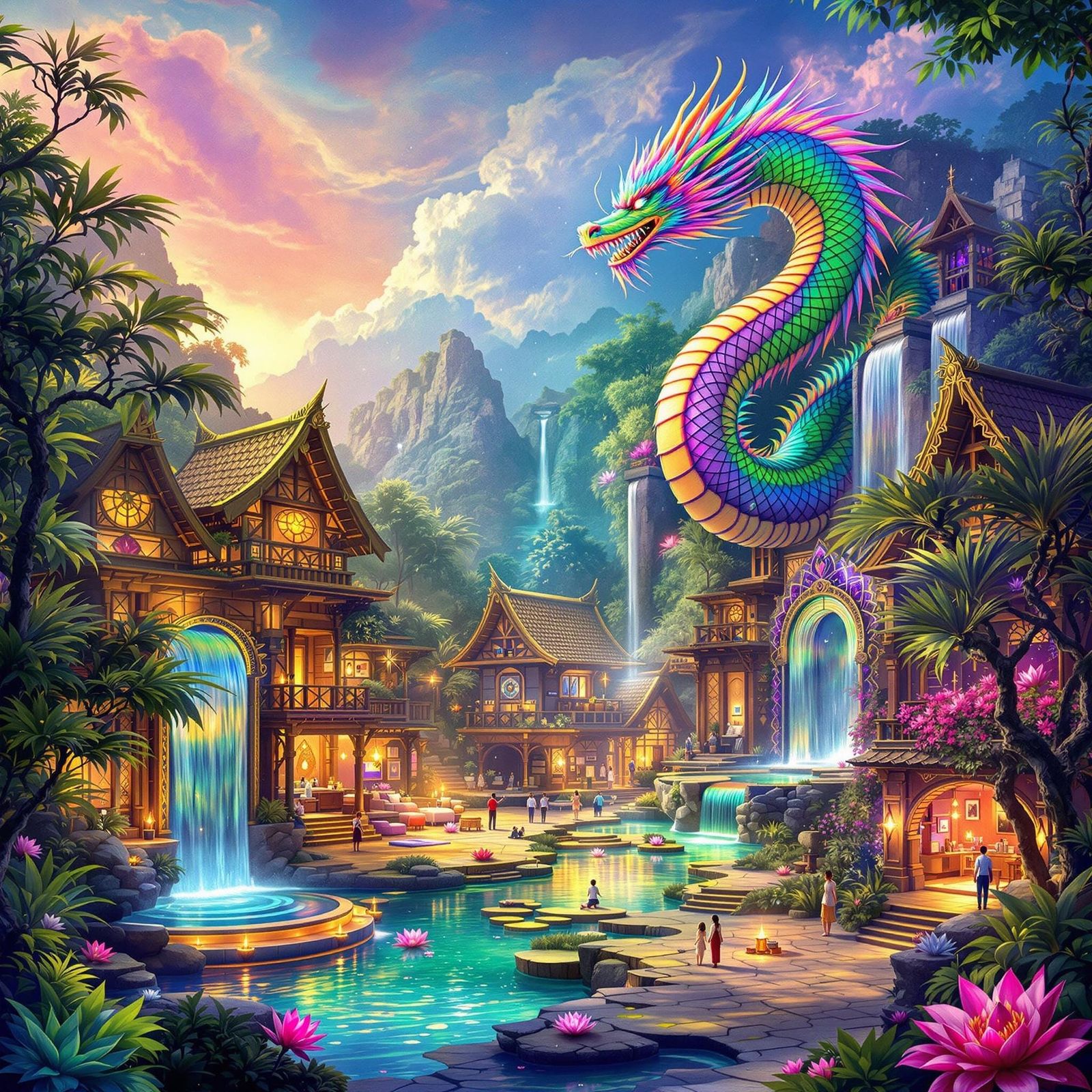 Bali Village Oasis on Papyrus with Majestic Dragon