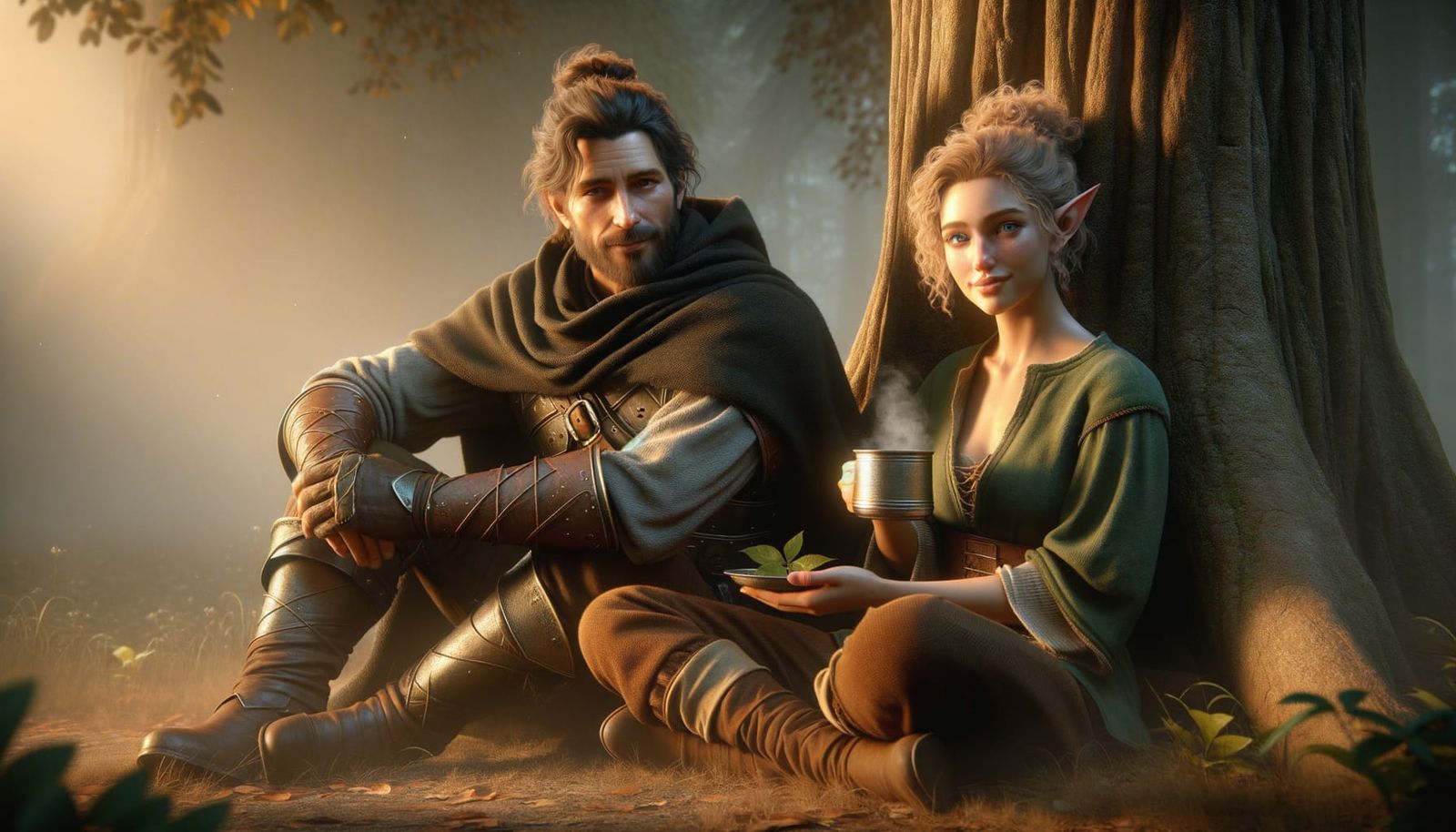 Ranger and Elf Enjoying Sunrise Tea: Photorealistic Image