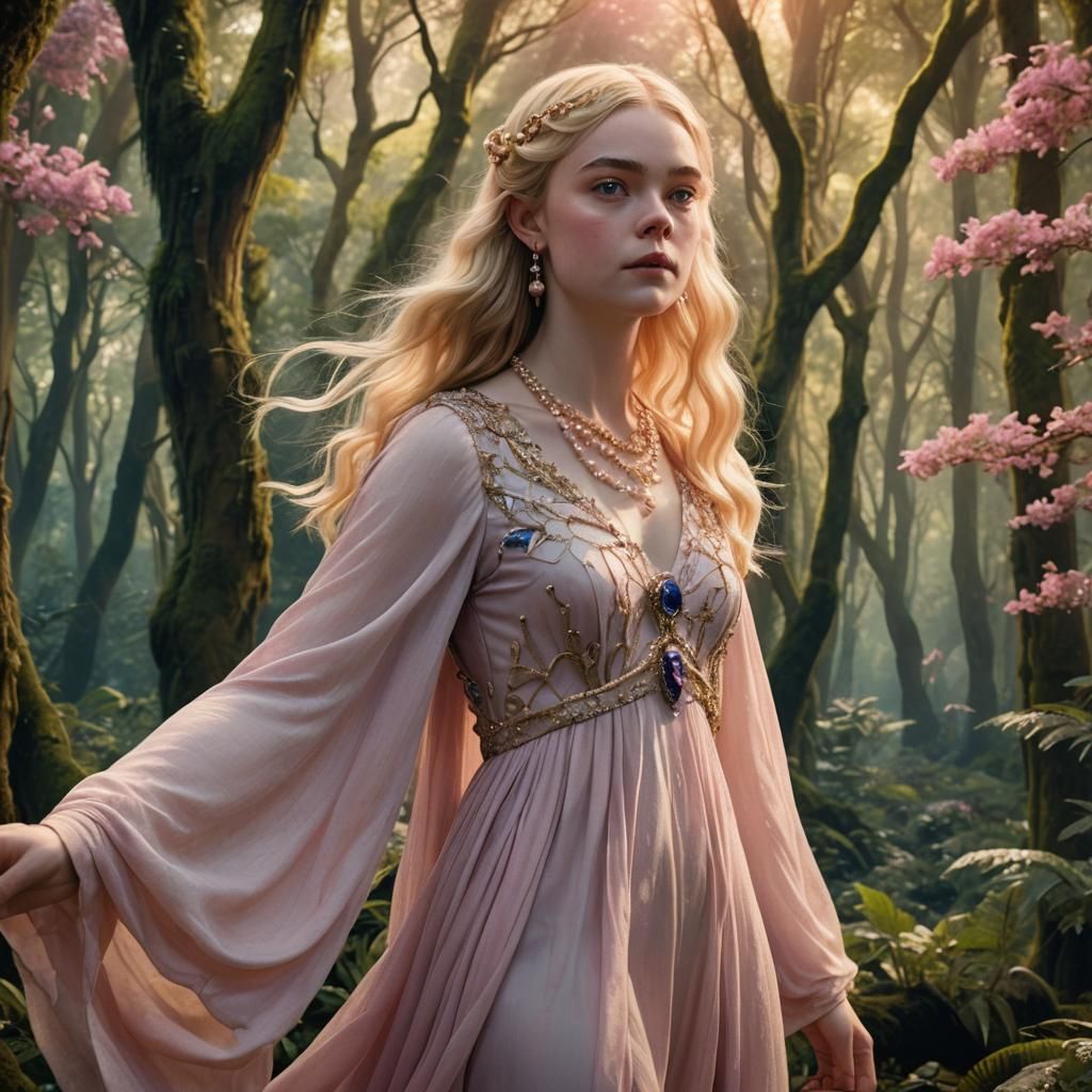 Elle Fanning in Forest: Art Nouveau Fantasy