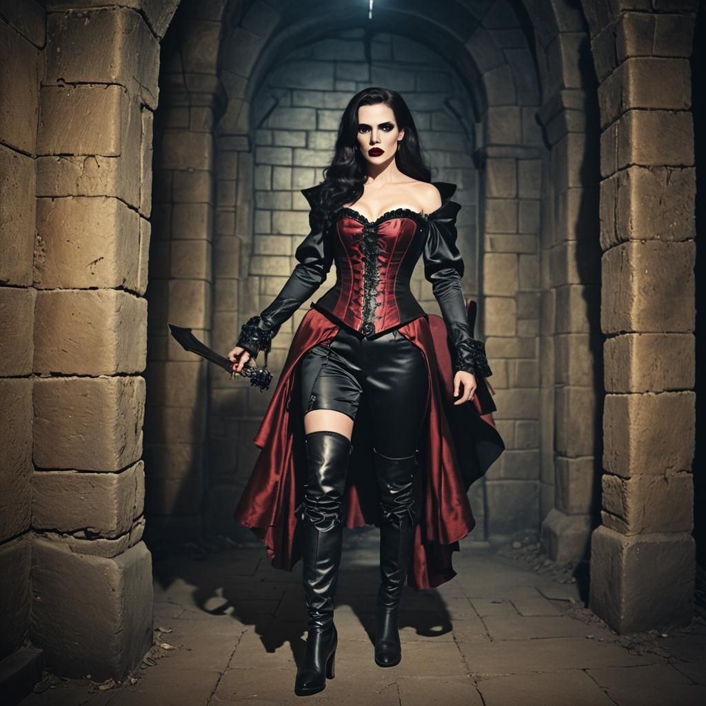 Cinematic Vampire in Dungeon with Satin Corset