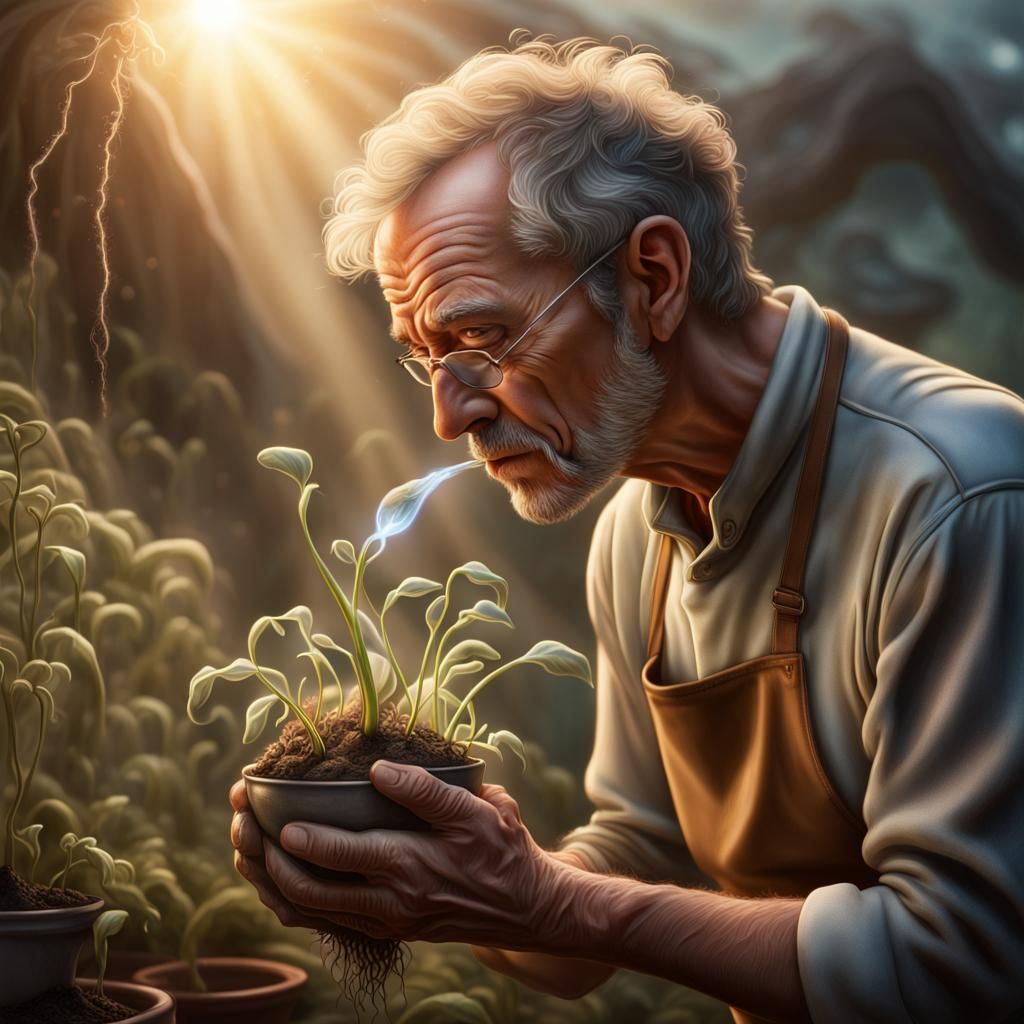 Gardener Kisses Alien Seedling in Hyperrealistic Fantasy