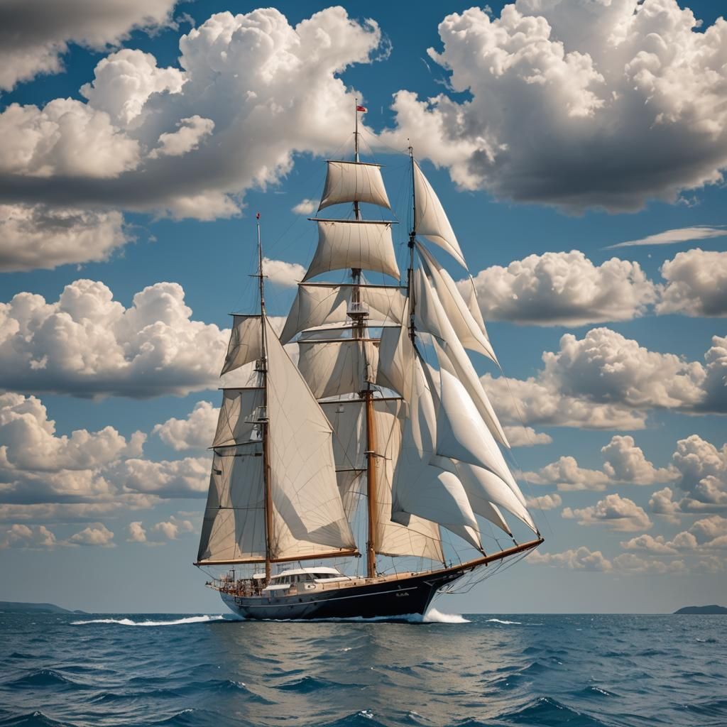 A fancy and spectacular yacht with. Double sails filled with...