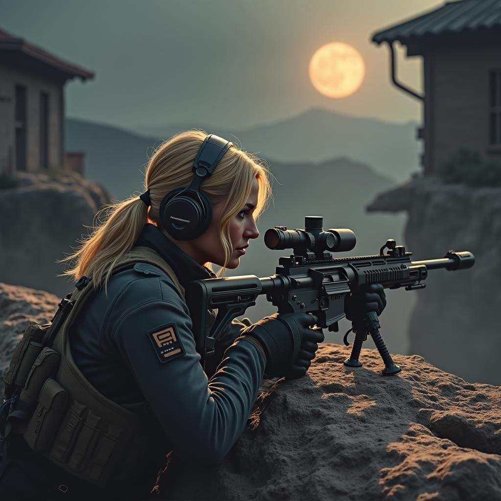 Female Soldier with Sniper Rifle at Midnight