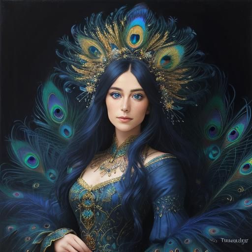 Peacock Feather Portrait in Ethereal Oil Painting Style