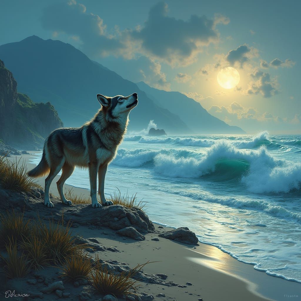 Majestic Wolf-Dog Howling at Moonlit Beach
