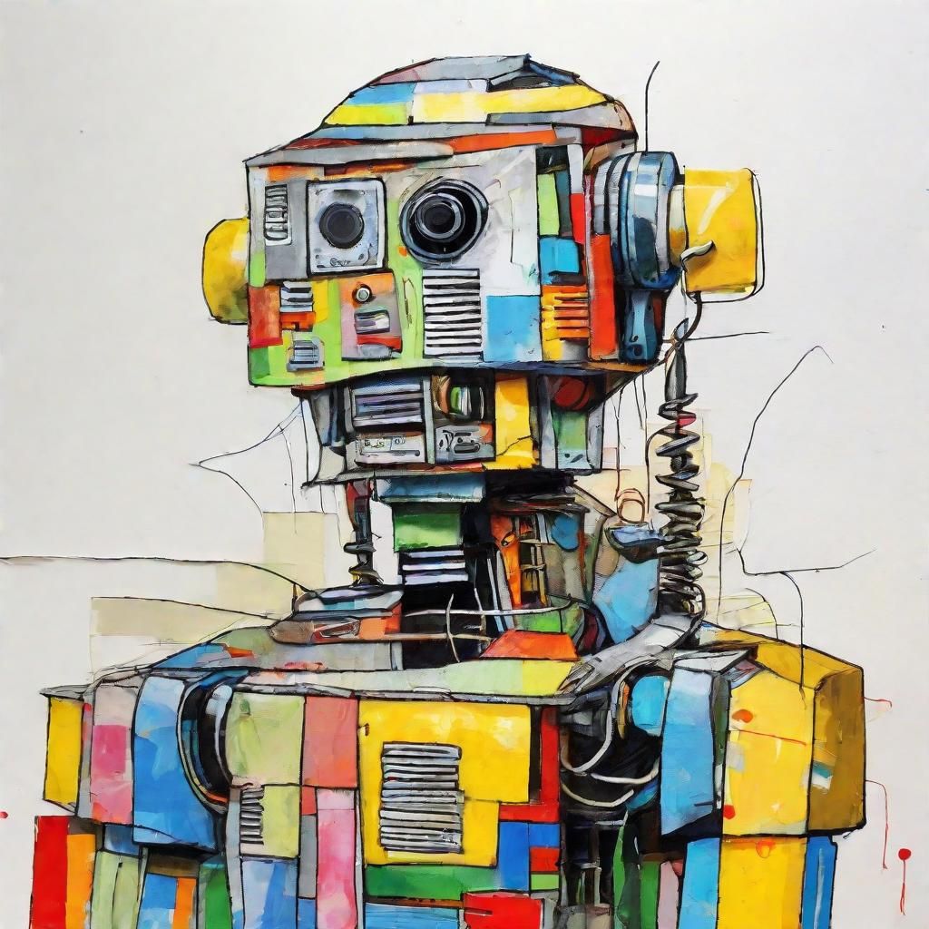 Mixed Media Scrap Robot Portrait with Paper and Paint