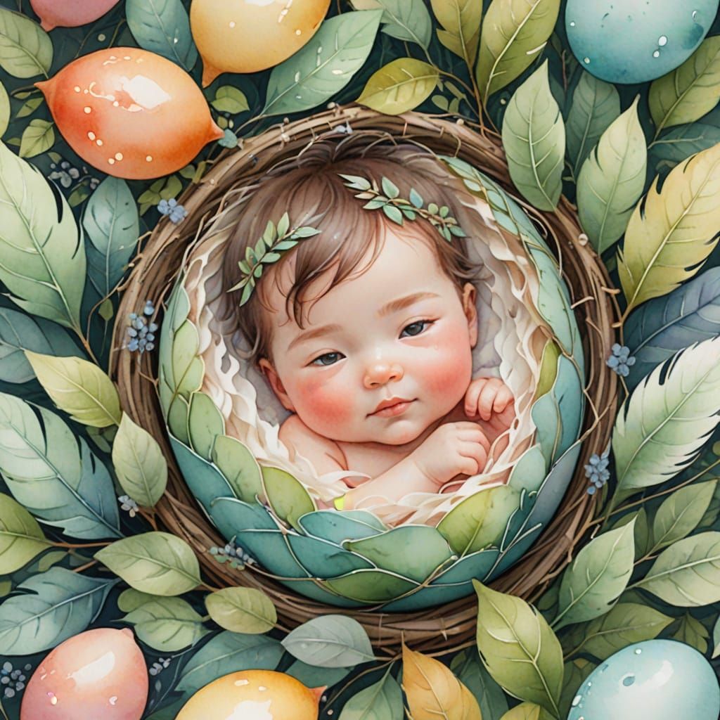 Whimsical Ghibli-Inspired Watercolor Scene with Happy Baby G...