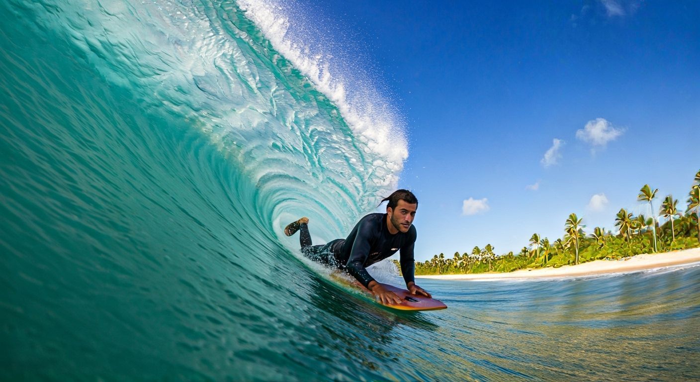 Man Crawls on Bodyboard in Ocean Barrel