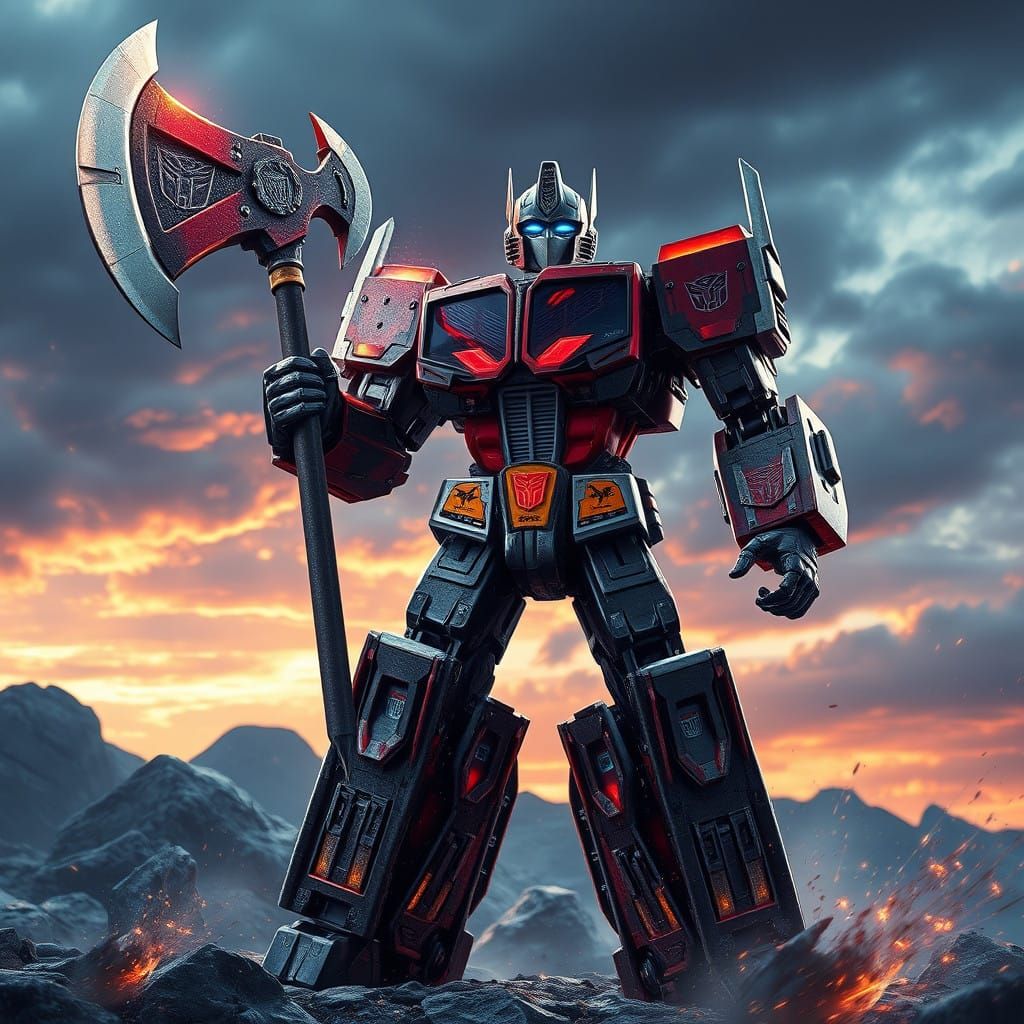 G1 Optimus Prime in Unseen Fantasy Art Style with Axe