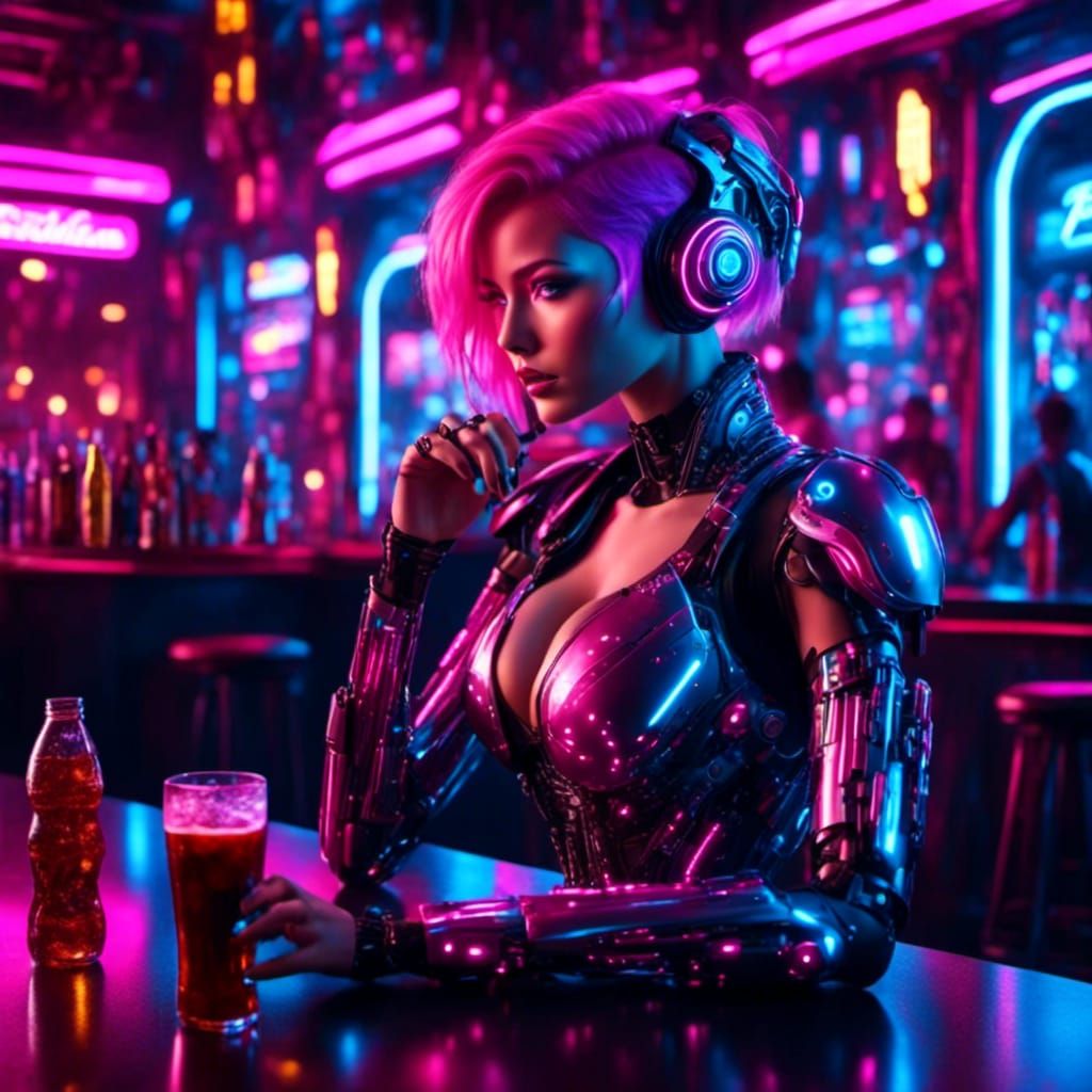 <lora:PunkPOP:1.0> <lora:CyborgStyle:1.0> a female cyborg , sitting in a bar drinking coca cola,