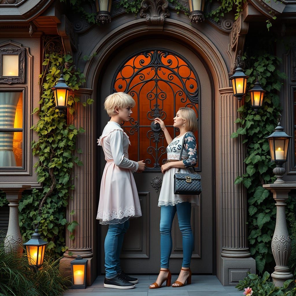 Victorian-Inspired Young Man in Pastel Pink Babydoll Dress, ...