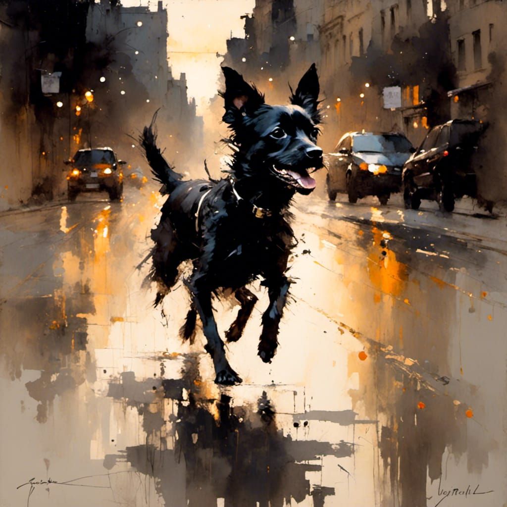 Small Black Dog Runs at Sunset: Impasto Watercolor