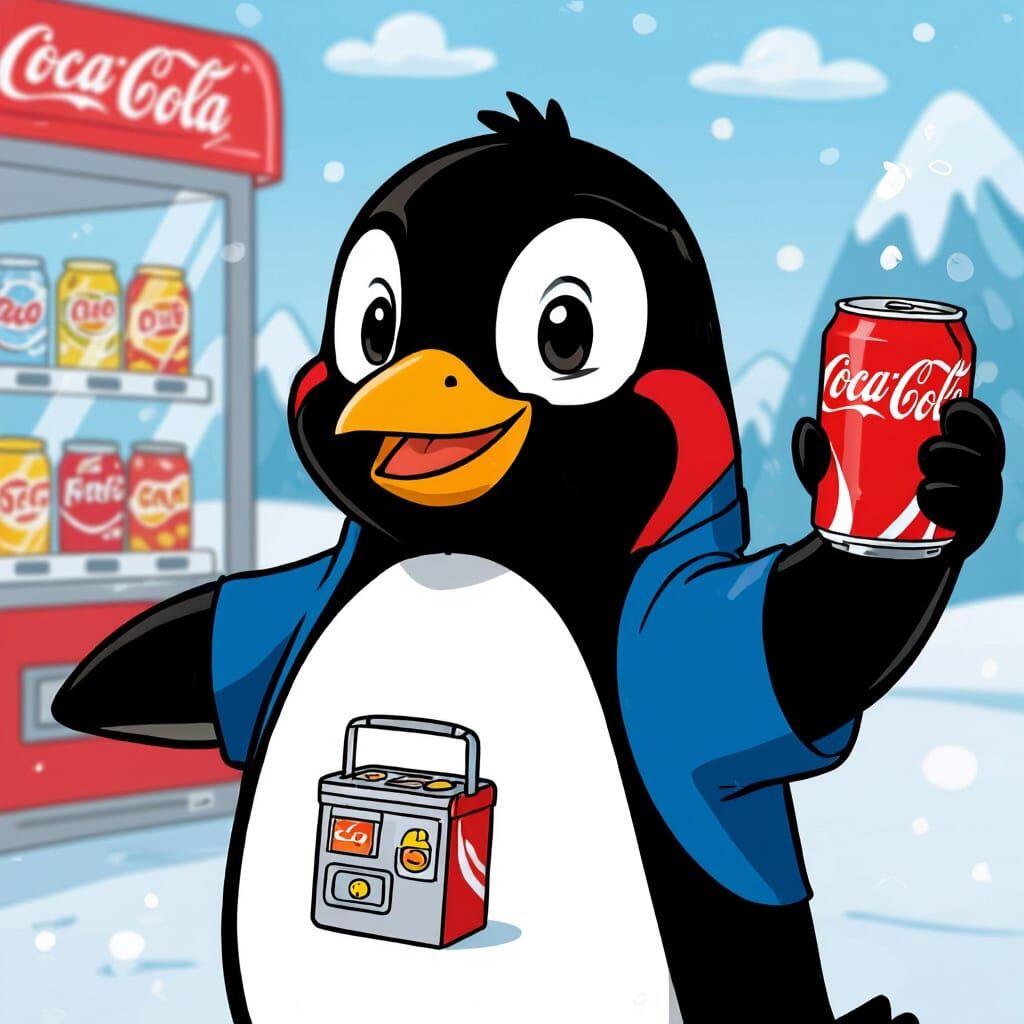 Cartoon Penguin with Coca-Cola and Vending Machine T-Shirt