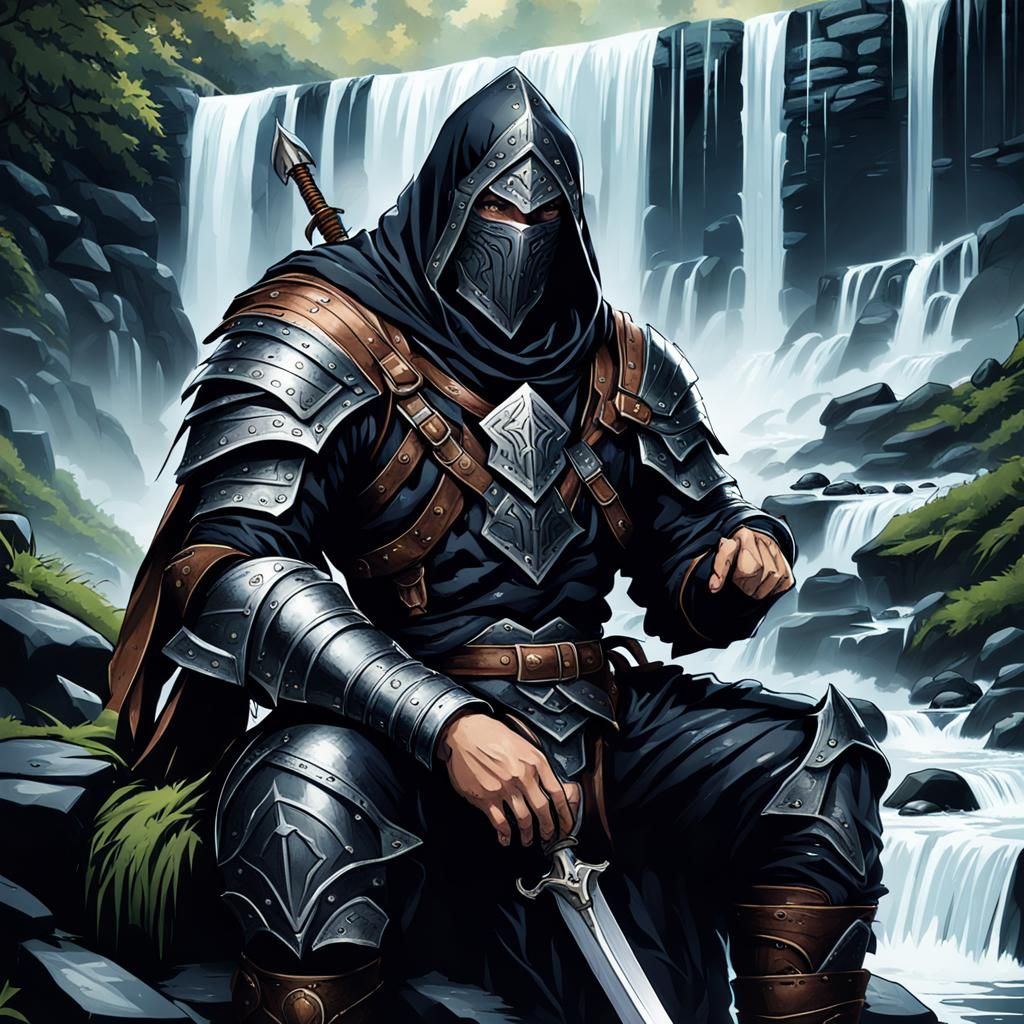 Warrior Resting by Waterfall in Digital Art