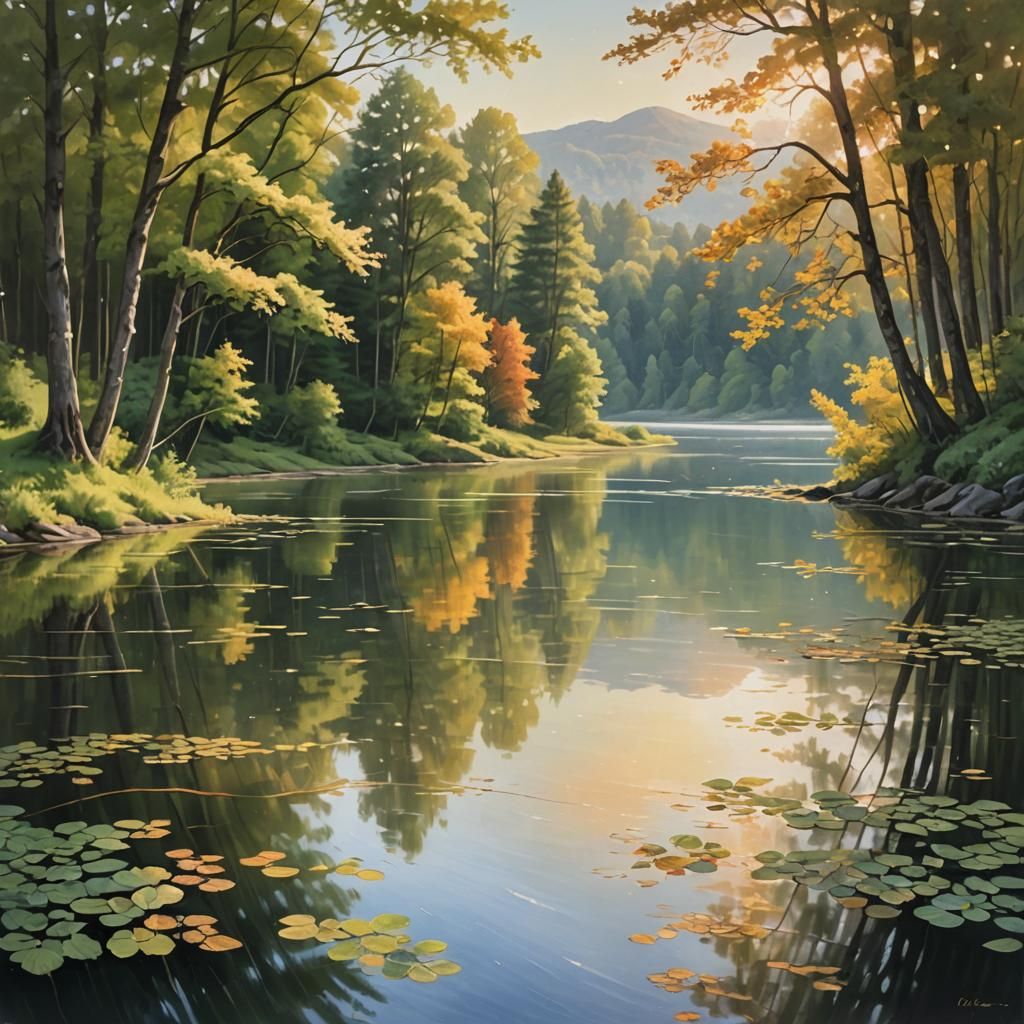 Serene Lake Landscape in Vibrant Oil Painting