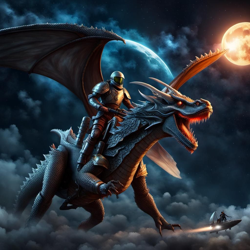 Armored Soldier Rides Dragon to Alien Ship