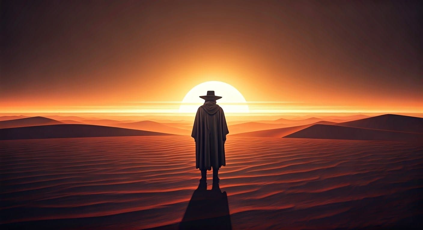 Mysterious Traveler in Alien Crimson Landscape