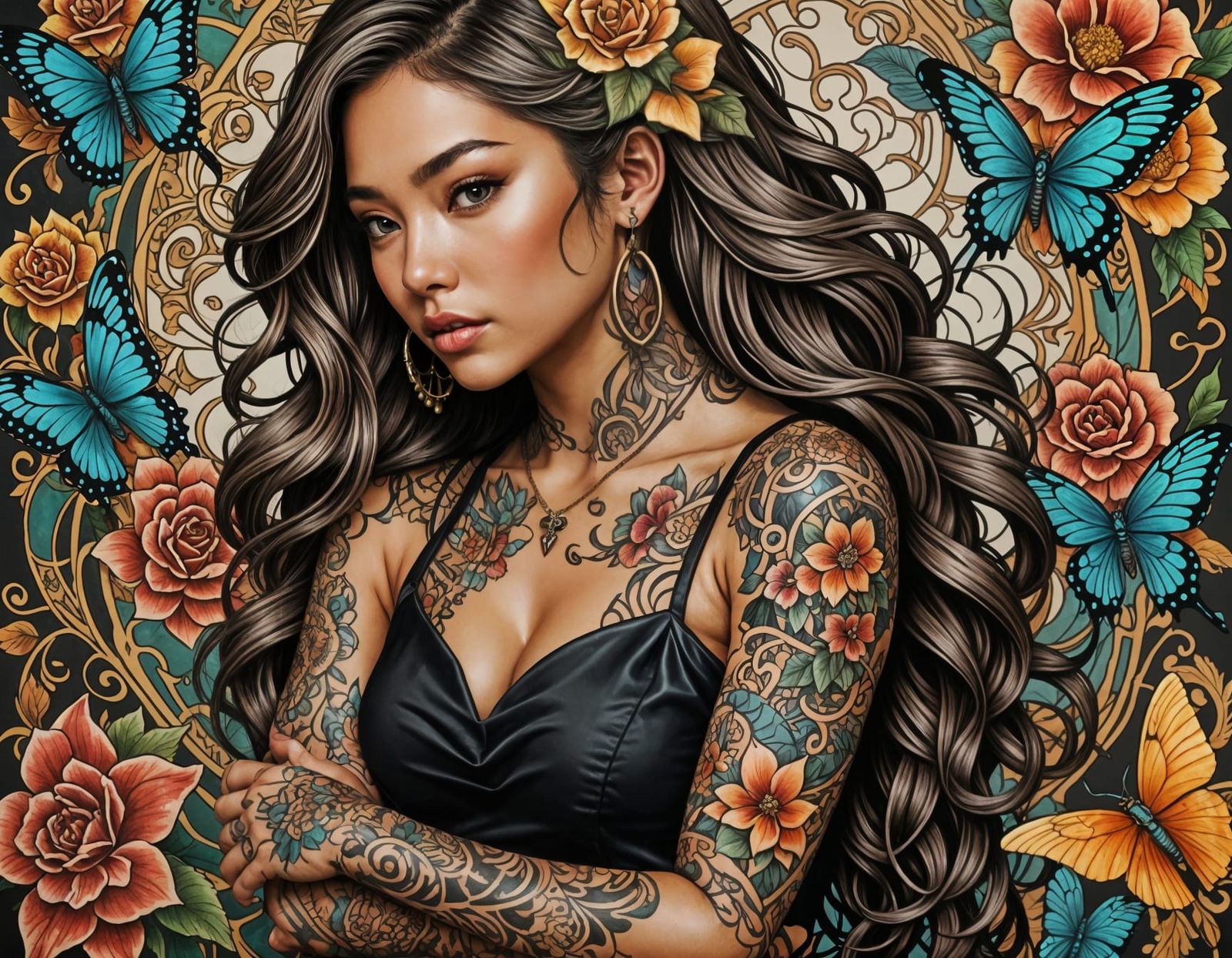Tattooed Woman Portrait in Rococo Drawing Style