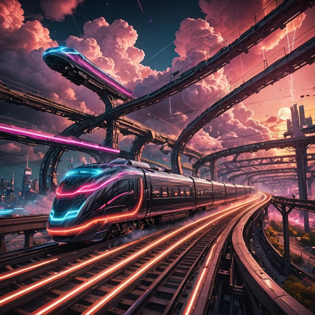 Epic Futurism: Neon Trains in Cloudy Sky