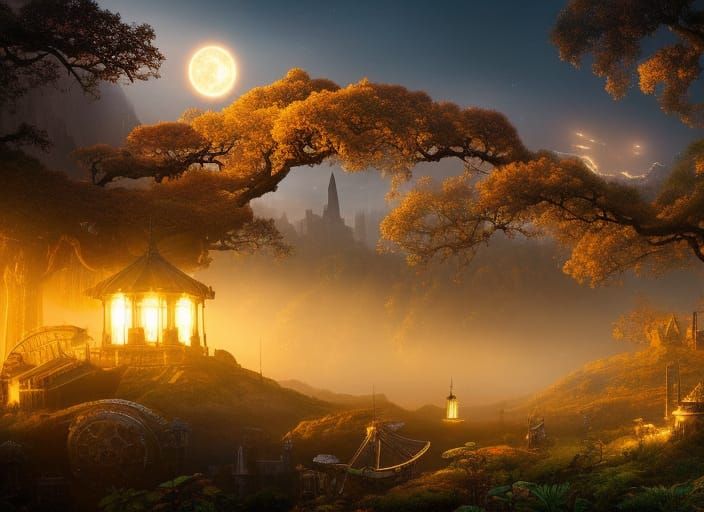Steampunk Night Landscape: Epic Digital Painting