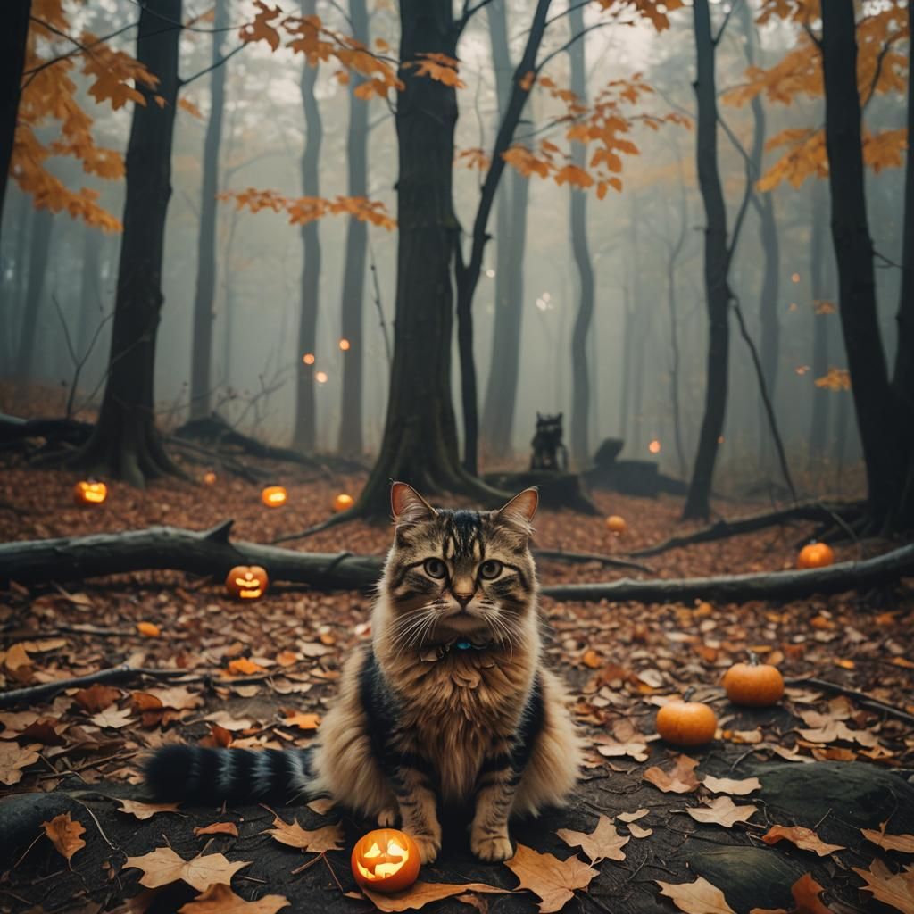 Adorable Cat in Halloween Costume in Autumn Forest