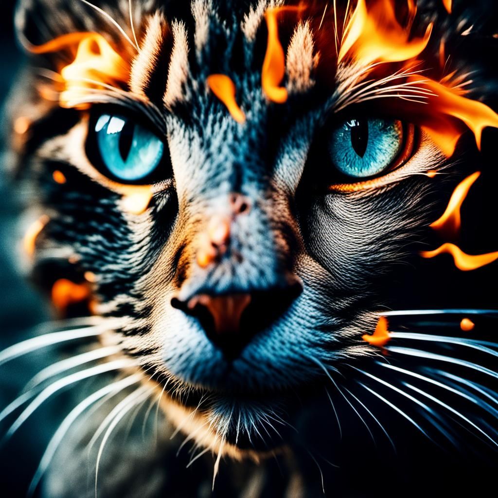 Fiery Feline Portrait with Volcano and Ocean