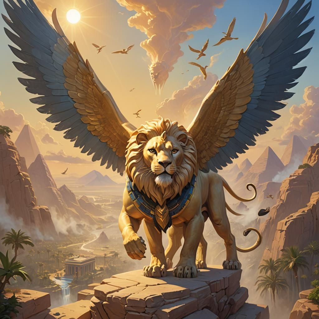 Egyptian Sphinx Soaring in Golden Light: Digital Art