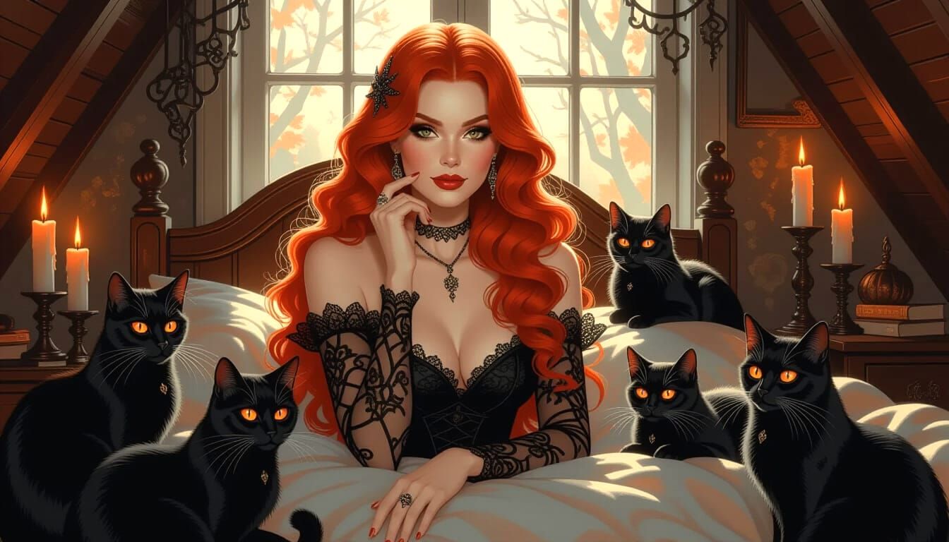 Redheaded Woman with Black Cats in Cozy Boudoir