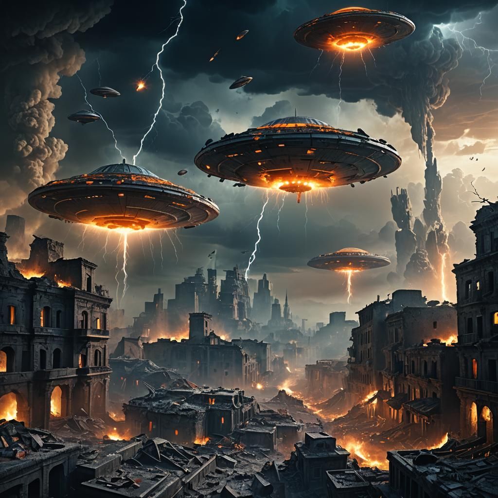 Flying Saucers Over City Ruins in Matte Painting Style