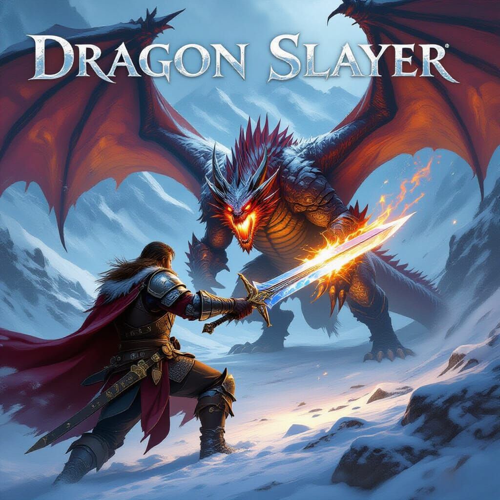 Dragon Slayer Video Game Cover in Dark Fantasy Style