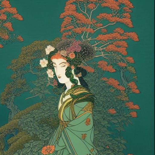 Antheia, Goddess of Gardens, in Emerald Linework