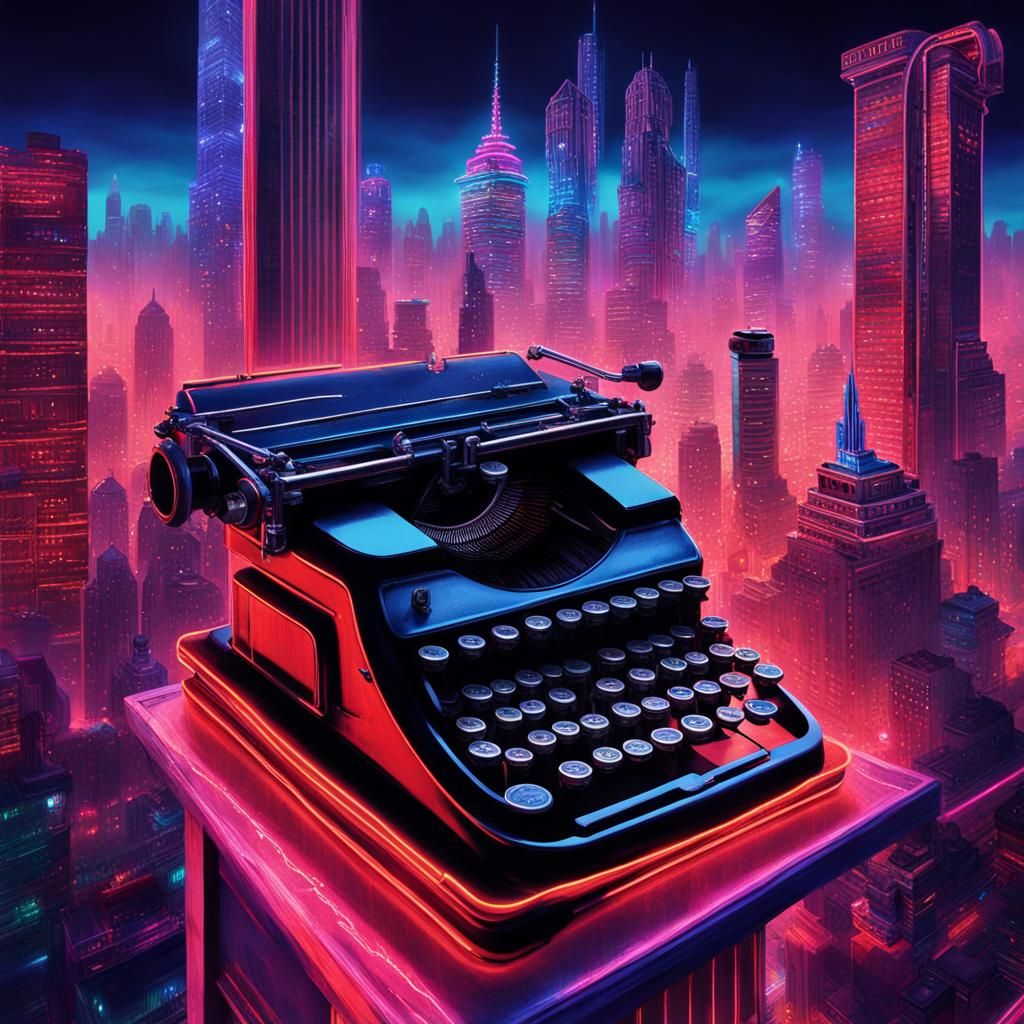 Cyberpunk Typewriter Cityscape with Neon Skyscrapers