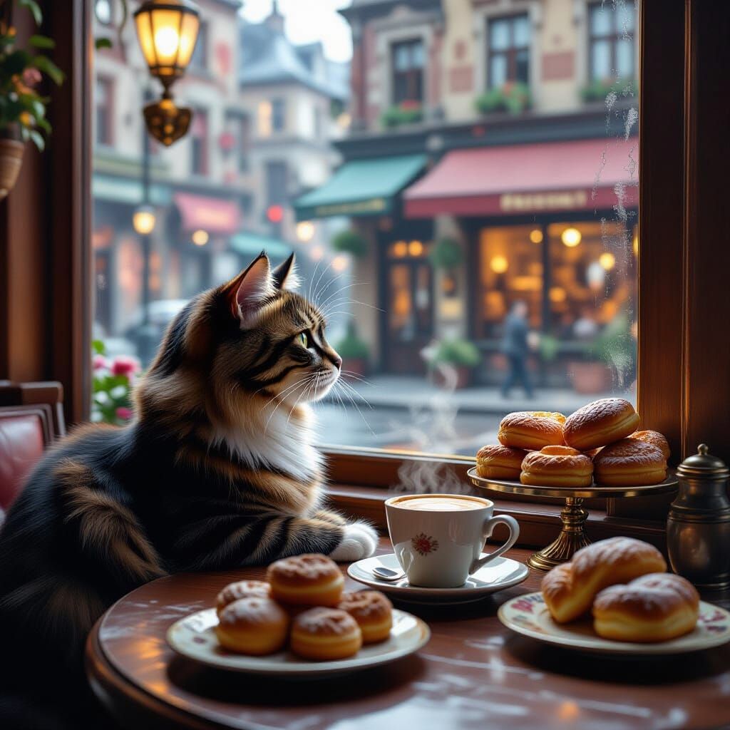 Cat in Cozy Cafe with Coffee and Pastries