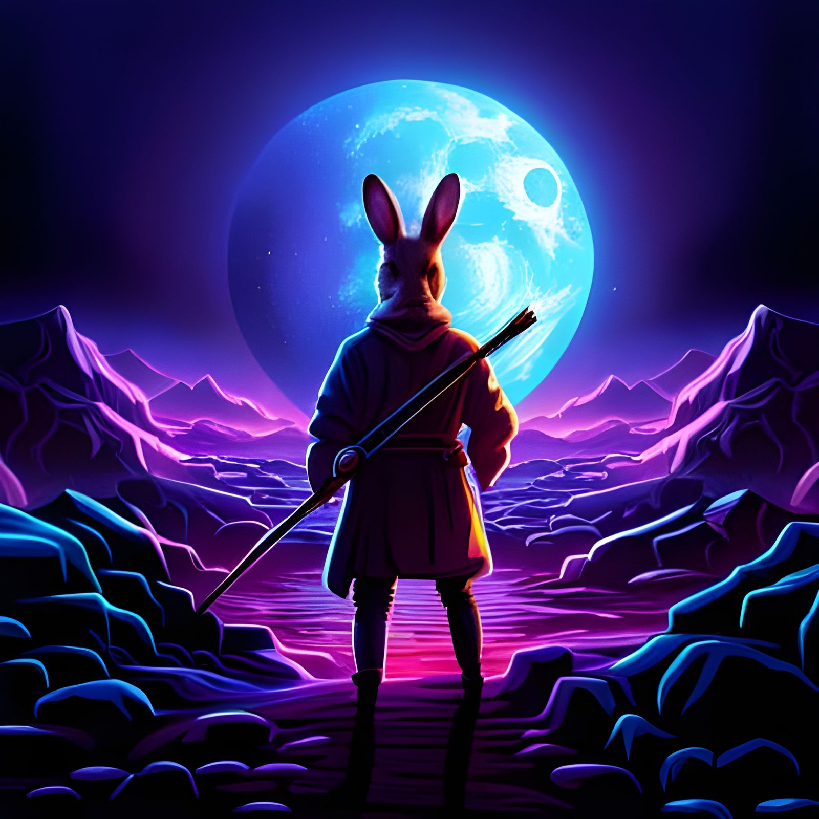 Cosmic Rabbit Warrior with Katana in Synthwave Style